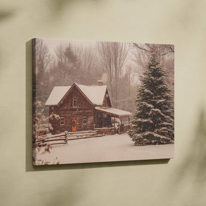 Cozy snowy log cabin canvas print with warm amber light and evergreen tree