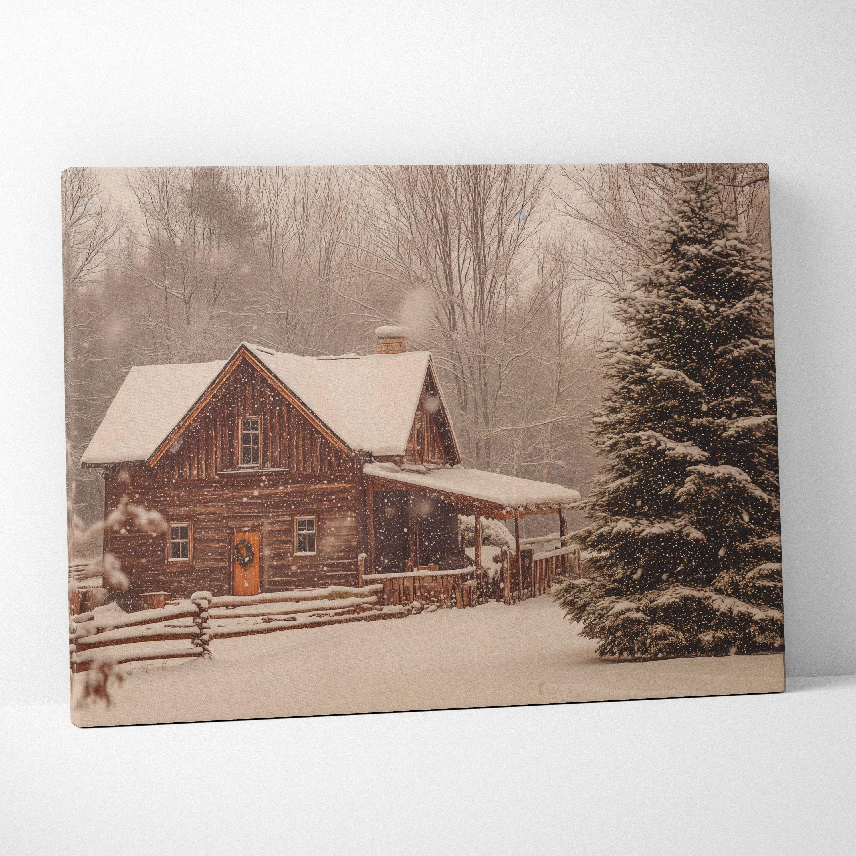 Cozy snowy log cabin with amber light and snow-laden evergreen canvas art