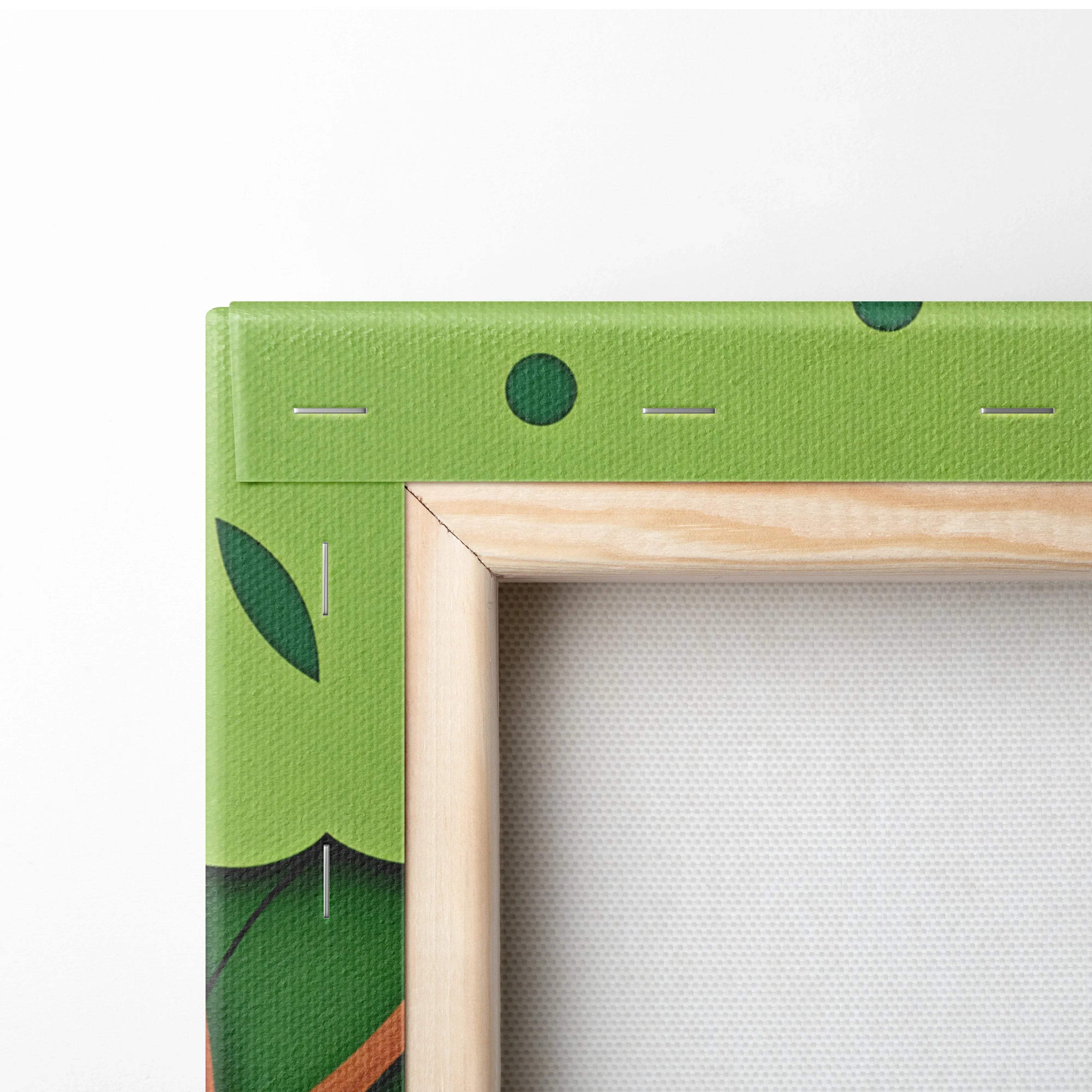 Green leaf and dot canvas in light wood frame with sunny hills lake flowers