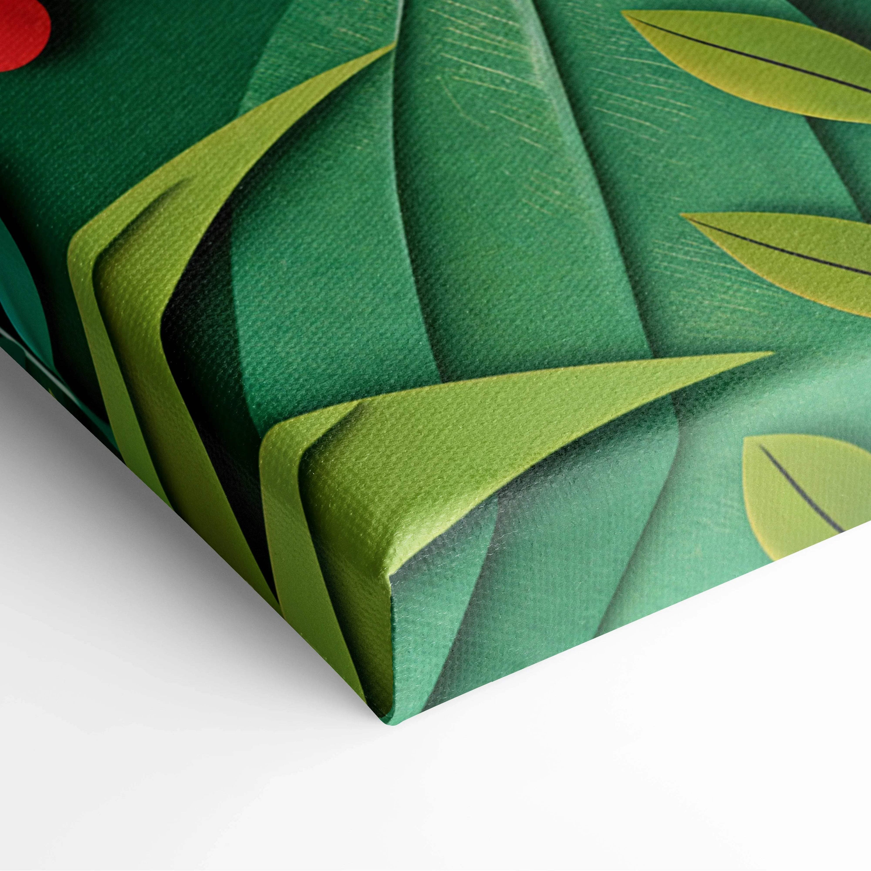 Vibrant canvas print of cheerful paper cut landscape with green hills, lake and flowers