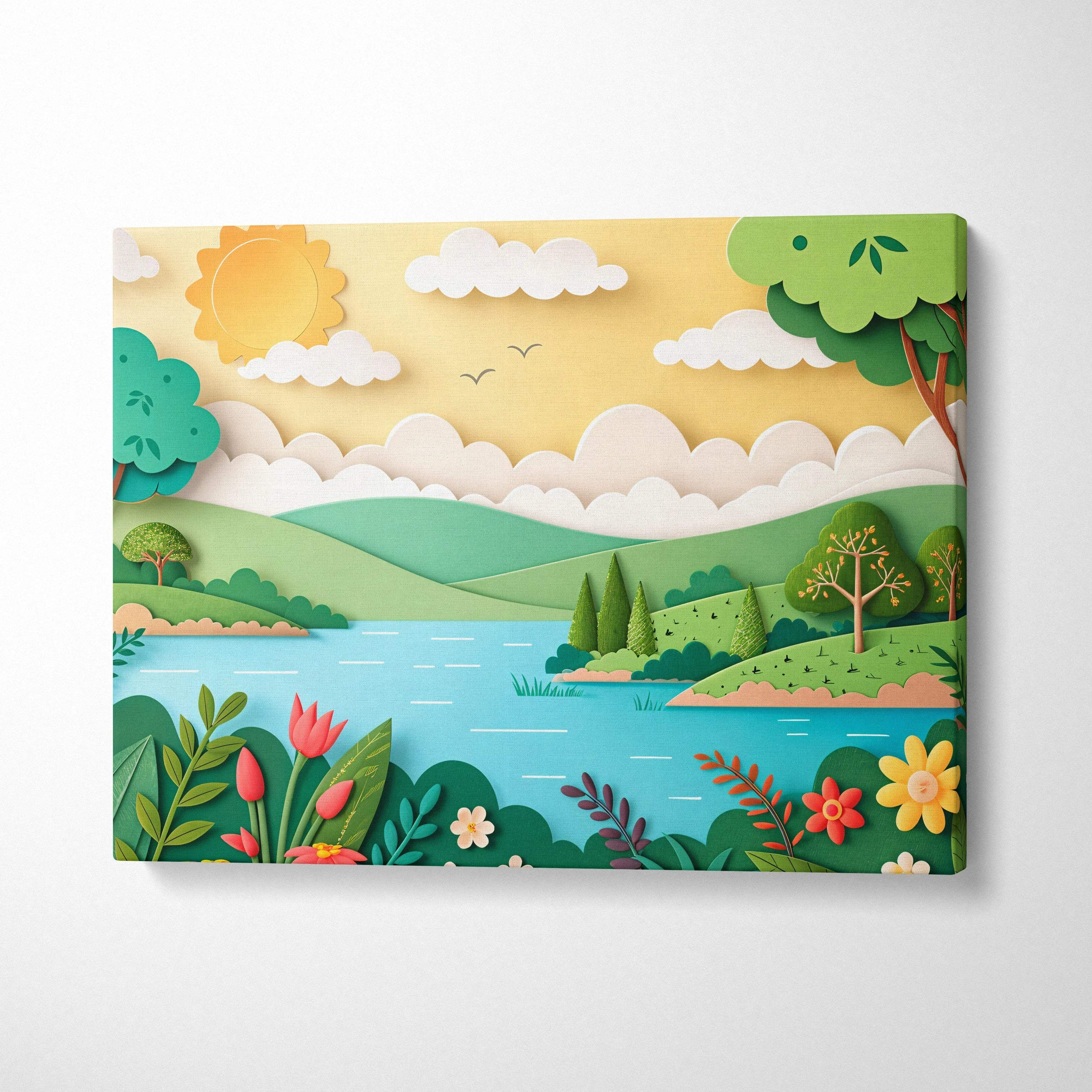 Vibrant paper cut canvas art of cheerful sunny sky, rolling green hills, blue lake and bright flowers