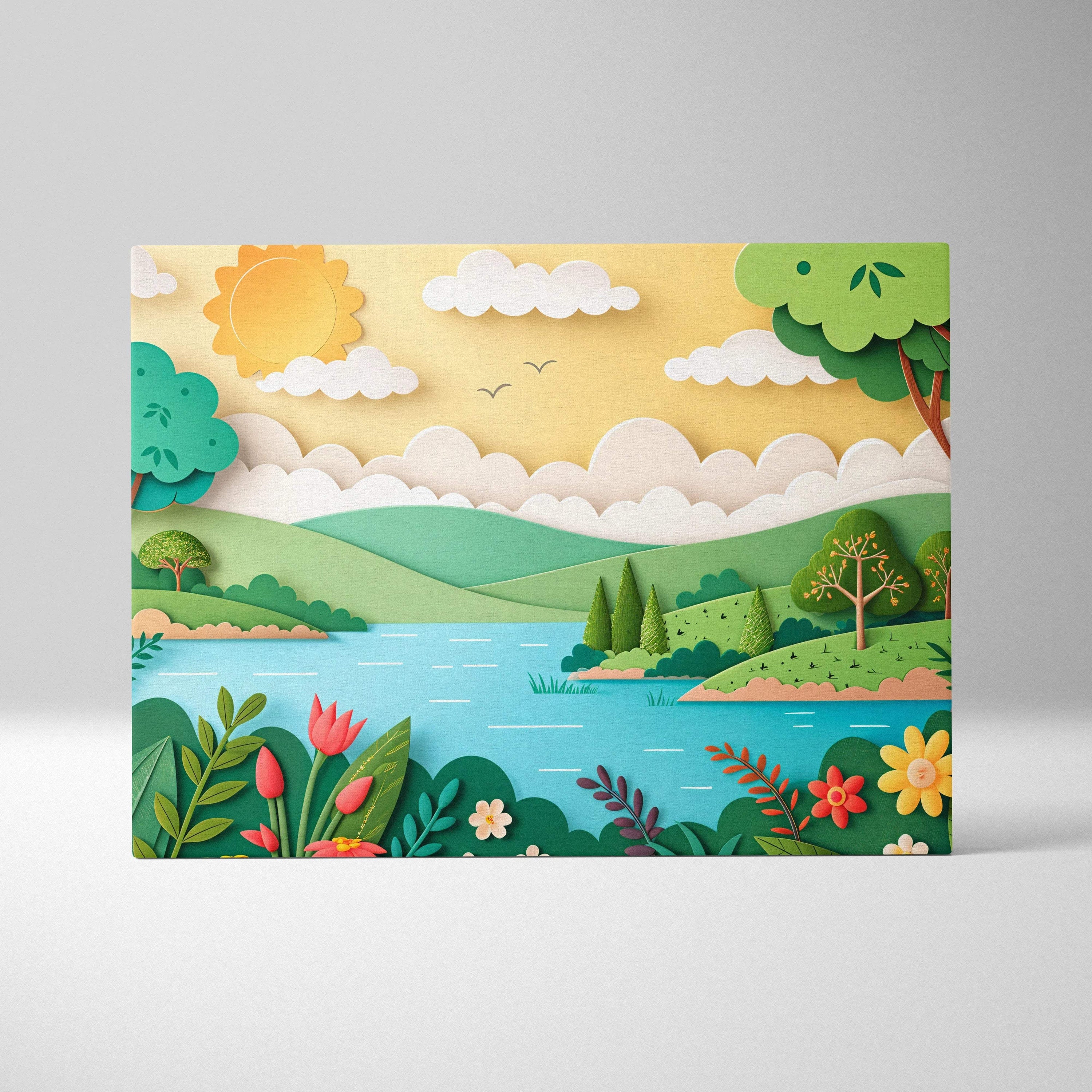 Vibrant paper cut canvas art of cheerful sunny sky, rolling green hills, blue lake and bright flowers