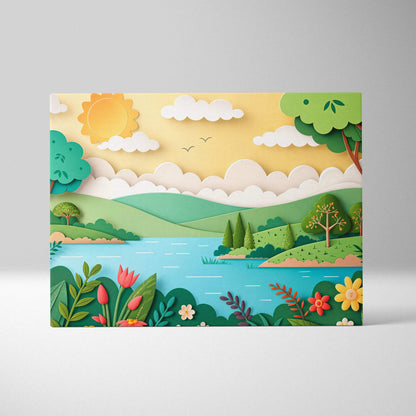 Vibrant paper cut canvas art of cheerful sunny sky, rolling green hills, blue lake and bright flowers