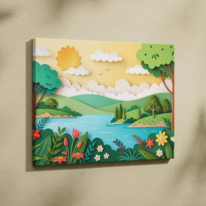 Cheerful paper cut landscape canvas with sunny sky, green hills, blue lake, flowers