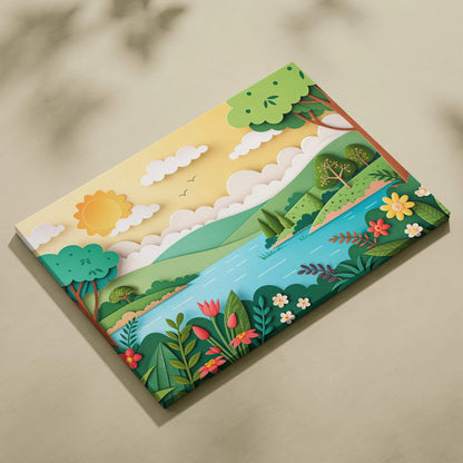 Cheerful paper cut landscape canvas wall art with sunny sky, green hills, blue lake, flowers