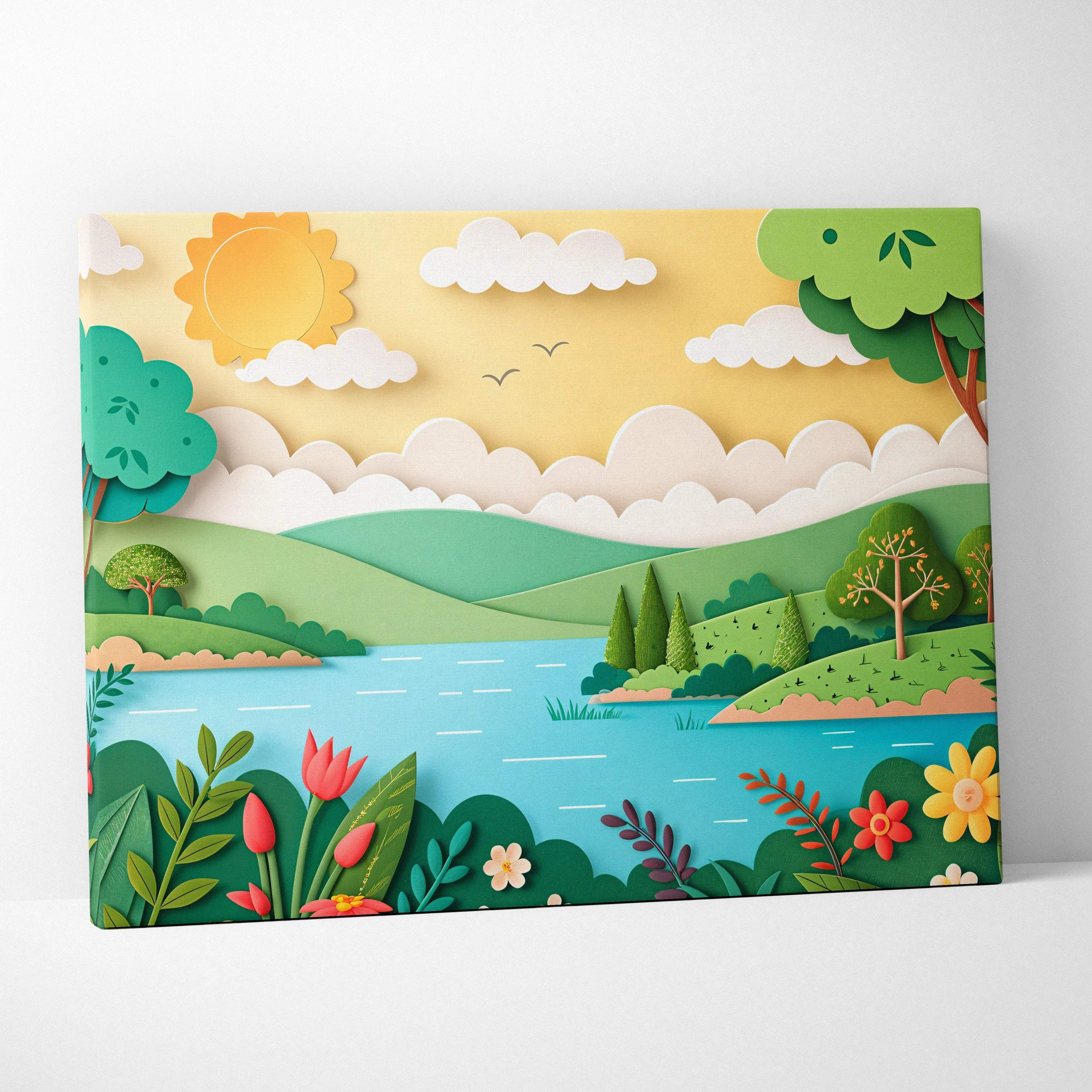 Vibrant paper-cut canvas of sunny sky, rolling green hills, blue lake and bright flowers