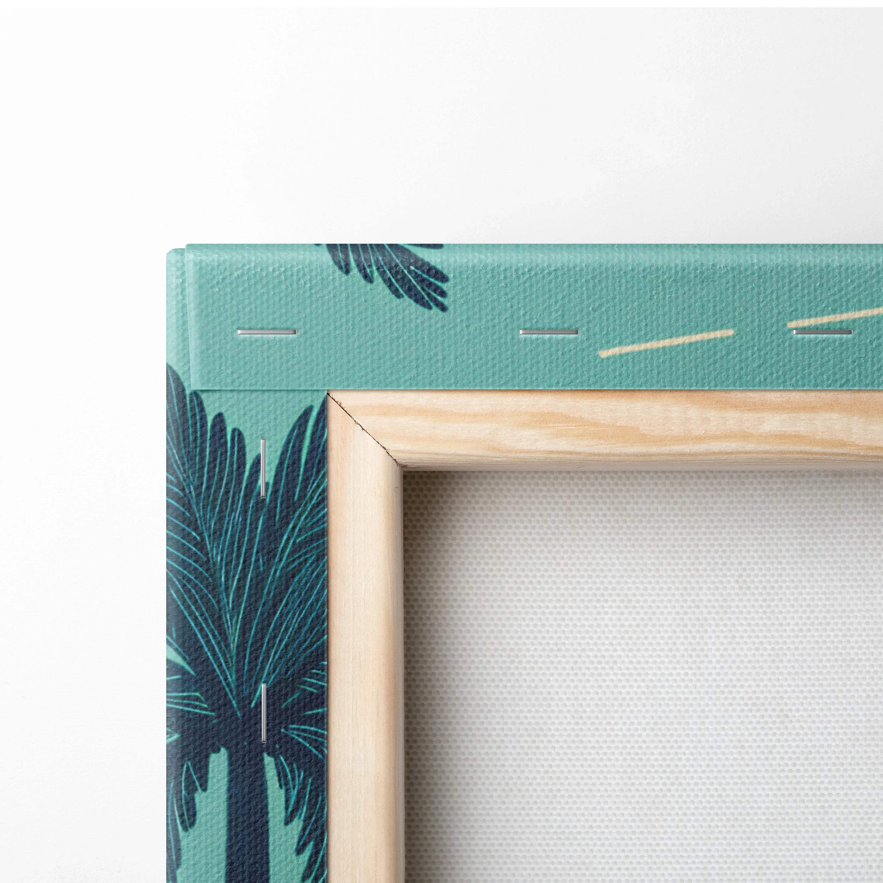 Teal palm leaf canvas in light wood frame, retro surfer shore art