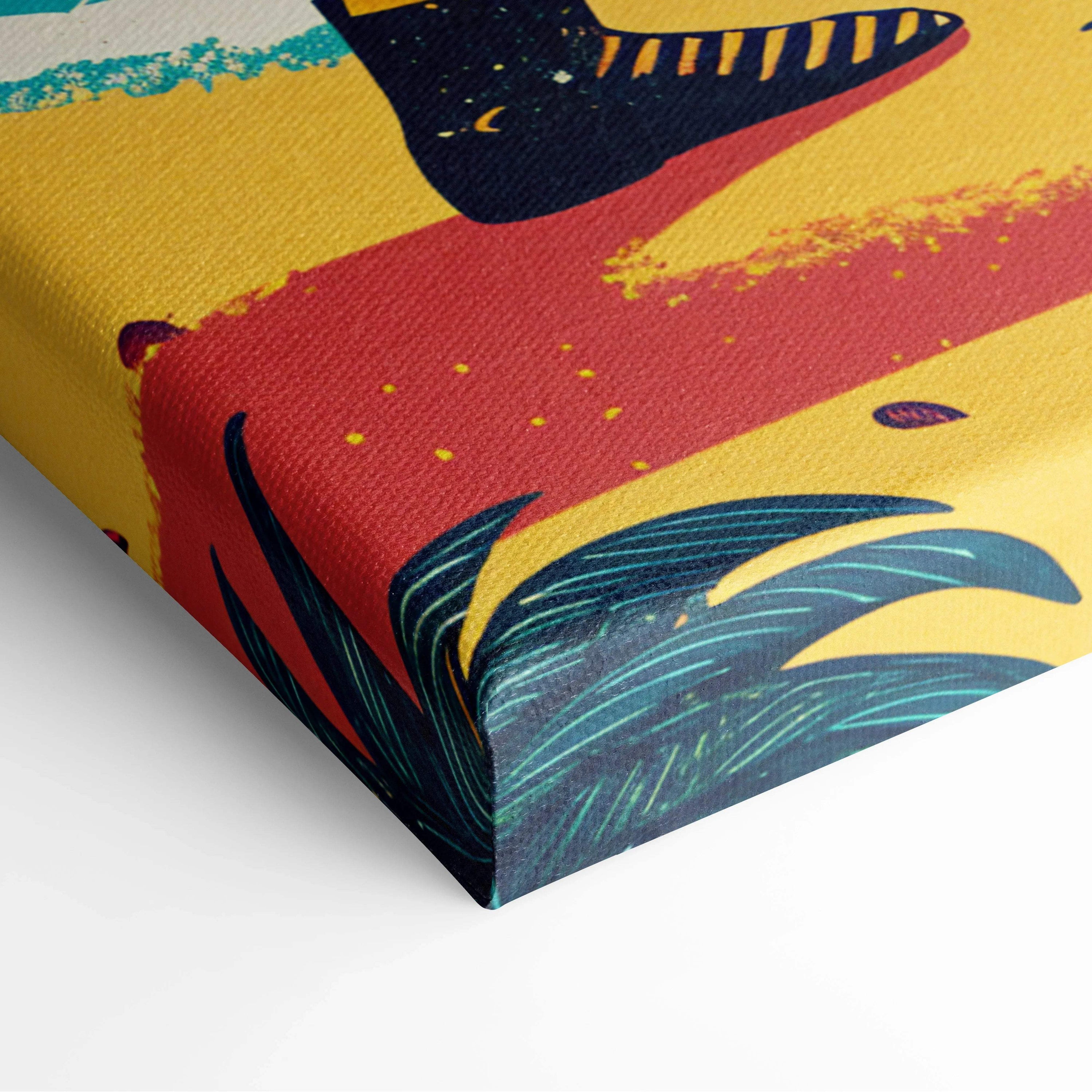 Retro surfer on shore with red surfboard, palm trees, turquoise waves canvas art