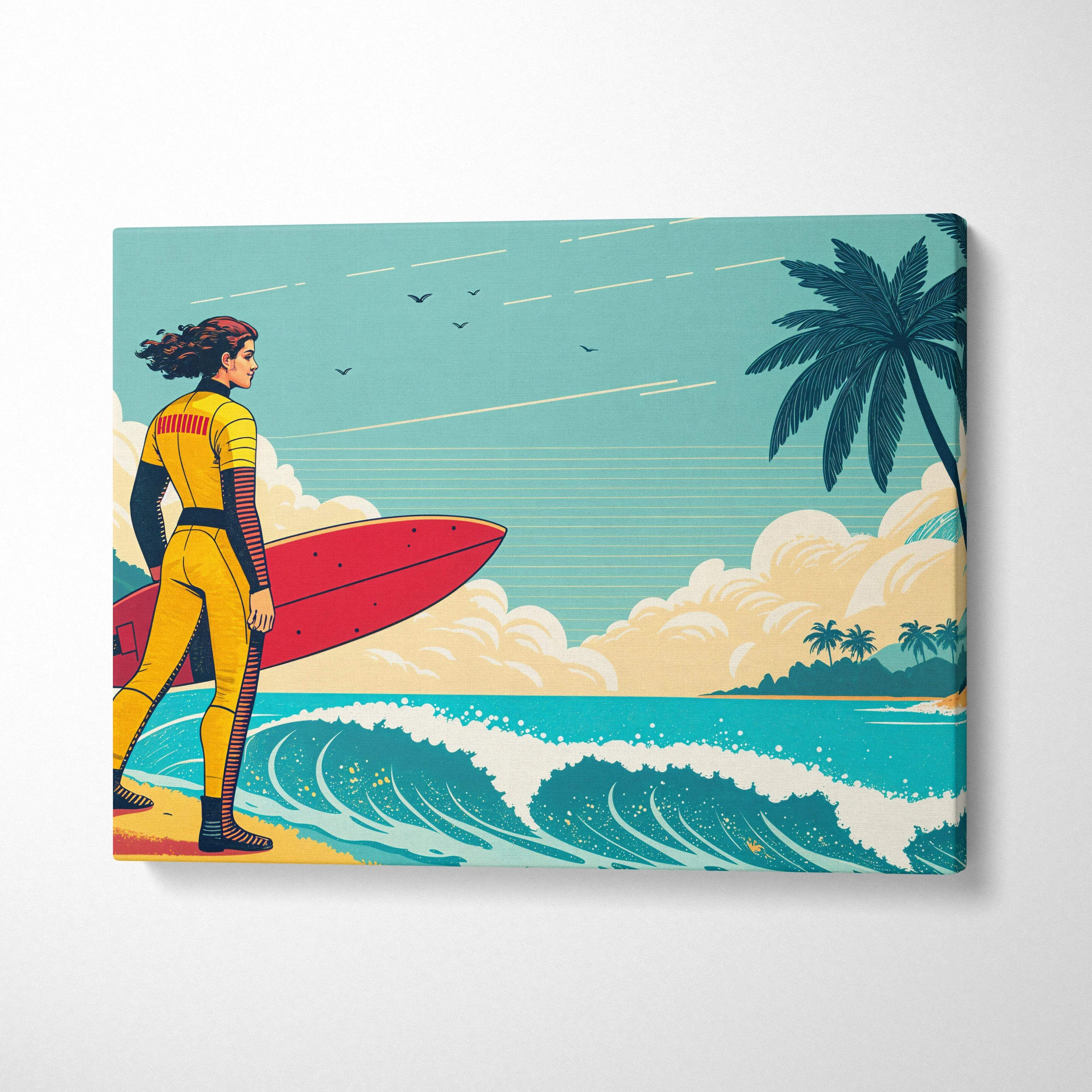 Retro surfer in yellow wetsuit with red surfboard on tropical beach canvas art