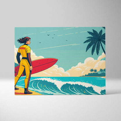 Retro surfer in yellow wetsuit with red surfboard on tropical beach canvas art