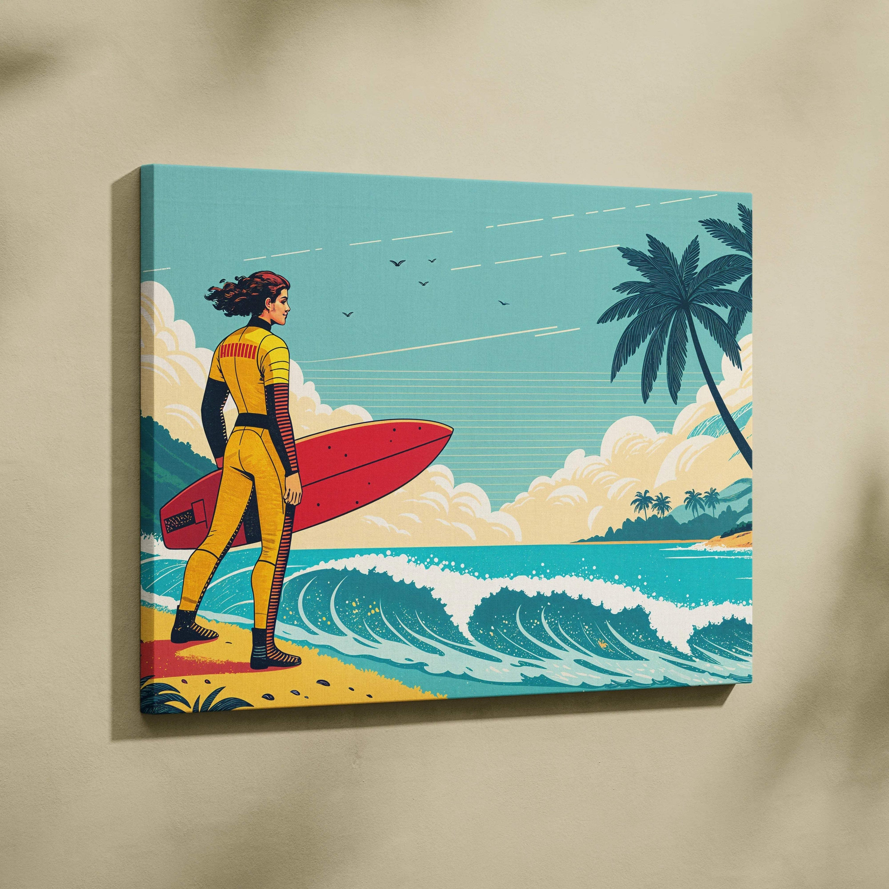 Retro surfer in yellow wetsuit with red surfboard on tropical beach canvas art