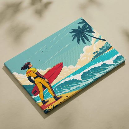 Retro surfer in yellow black wetsuit with red surfboard turquoise waves palm trees canvas art