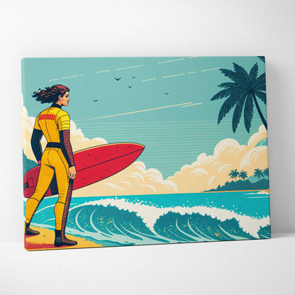 Retro surfer in yellow black wetsuit with red surfboard on tropical beach canvas art