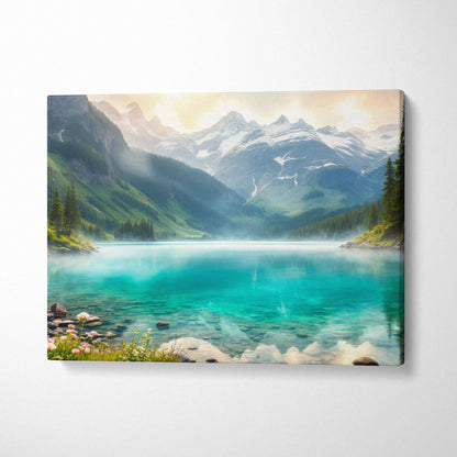 Glowing sunset alpine landscape canvas with turquoise lake and snowy peaks