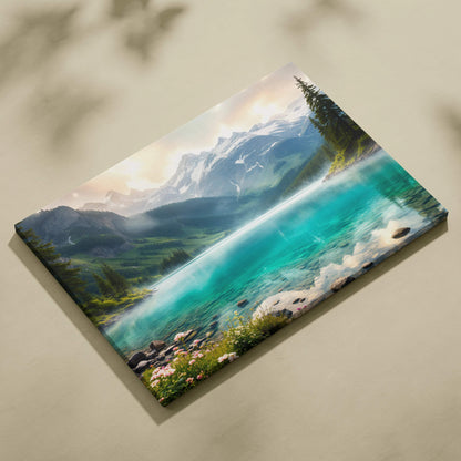 Glowing sunset alpine canvas print with turquoise lake and snowy peaks