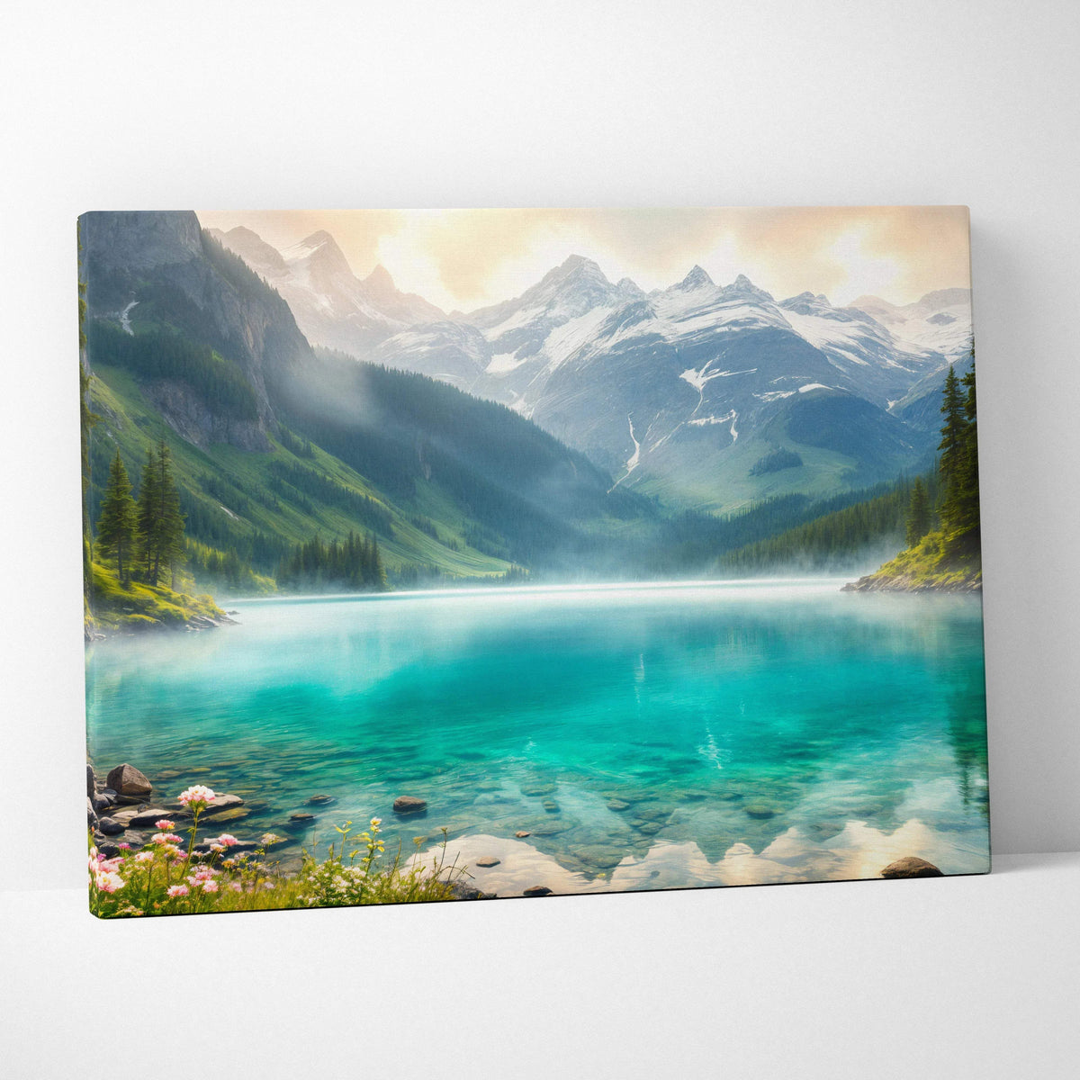 Glowing sunset alpine canvas print with turquoise lake and snowy peaks