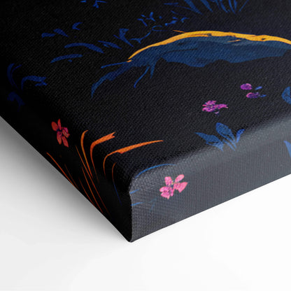 Black canvas print of blue bird with flowers and glowing sunset forest art