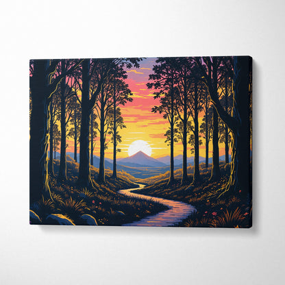 Glowing sunset forest path with distant mountains canvas wall art
