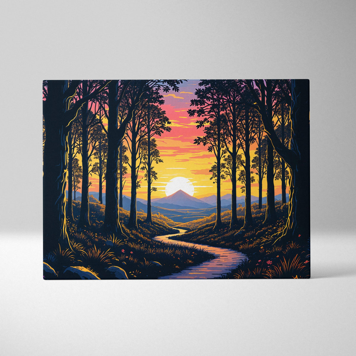 Glowing sunset forest path with distant mountains canvas wall art