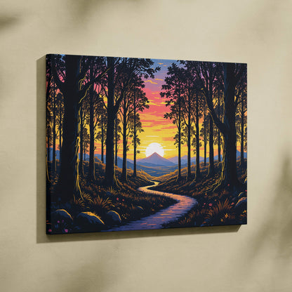 Glowing sunset through tall forests path with distant mountains canvas art