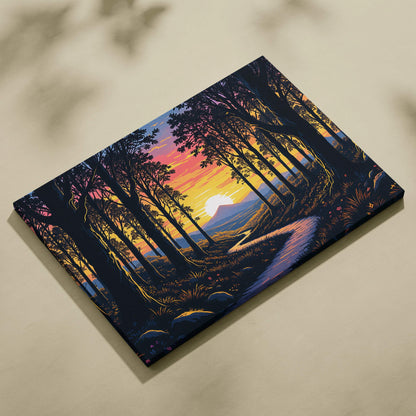 Glowing sunset through tall forest path with distant mountains canvas wall art