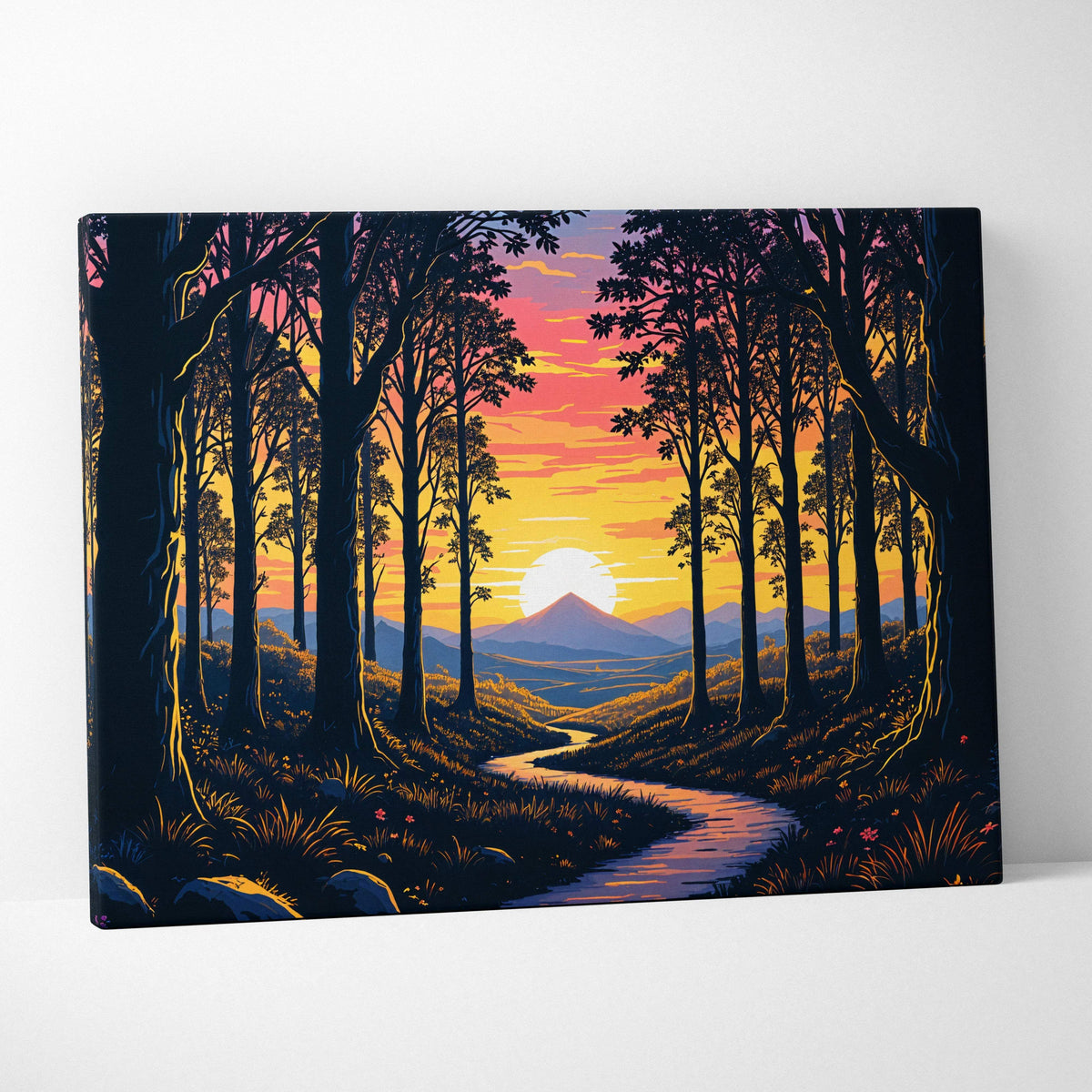 Glowing sunset forest path canvas wall art with neon hues mountains