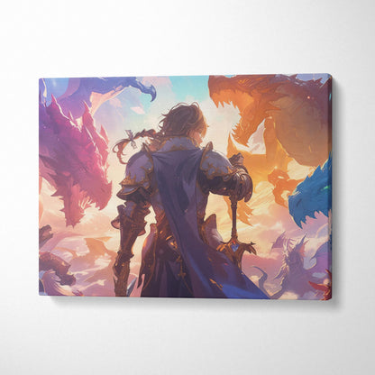 Epic fantasy knight in blue gold armor facing fiery dragons at sunset