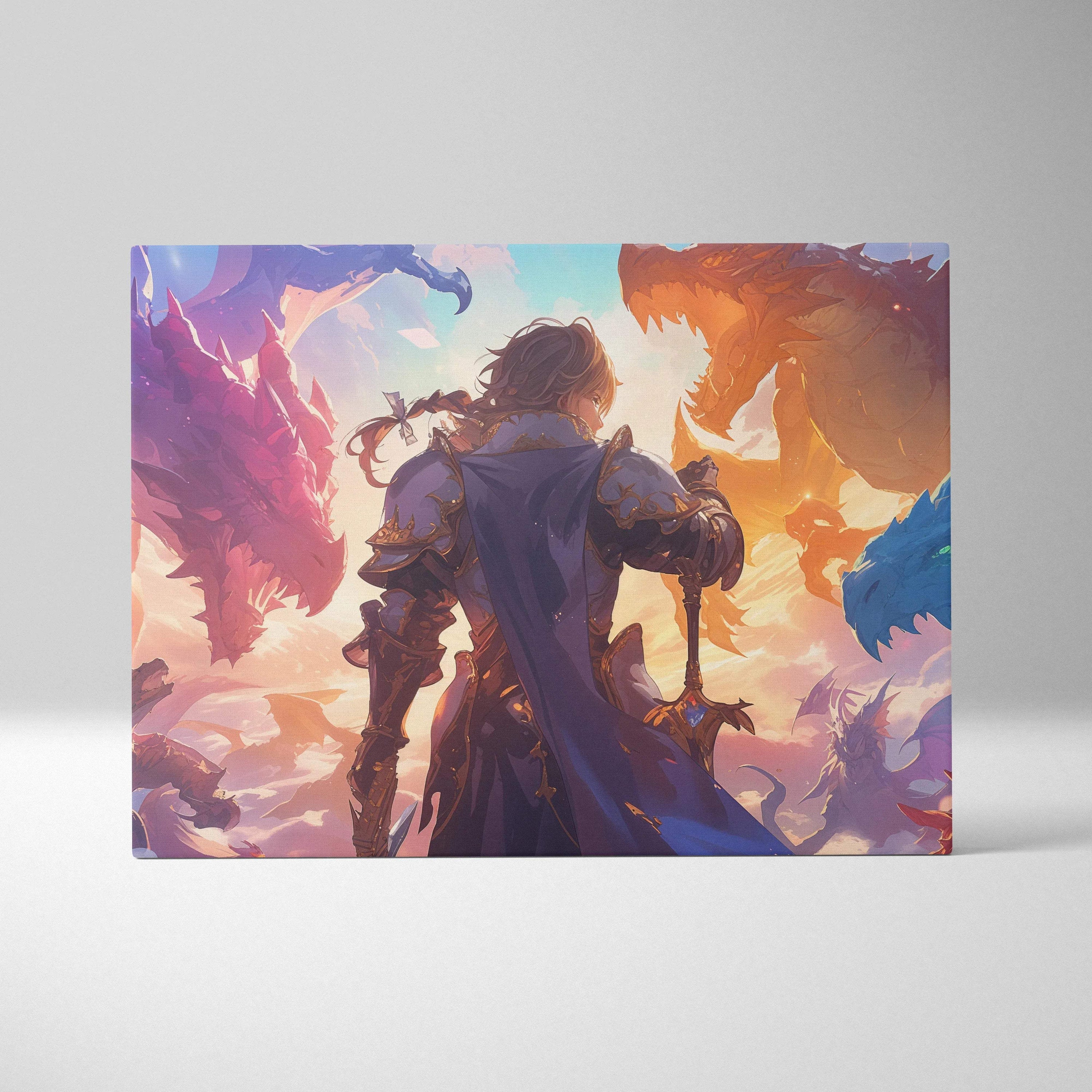 Epic fantasy knight in silver armor facing fiery dragons at sunset canvas art