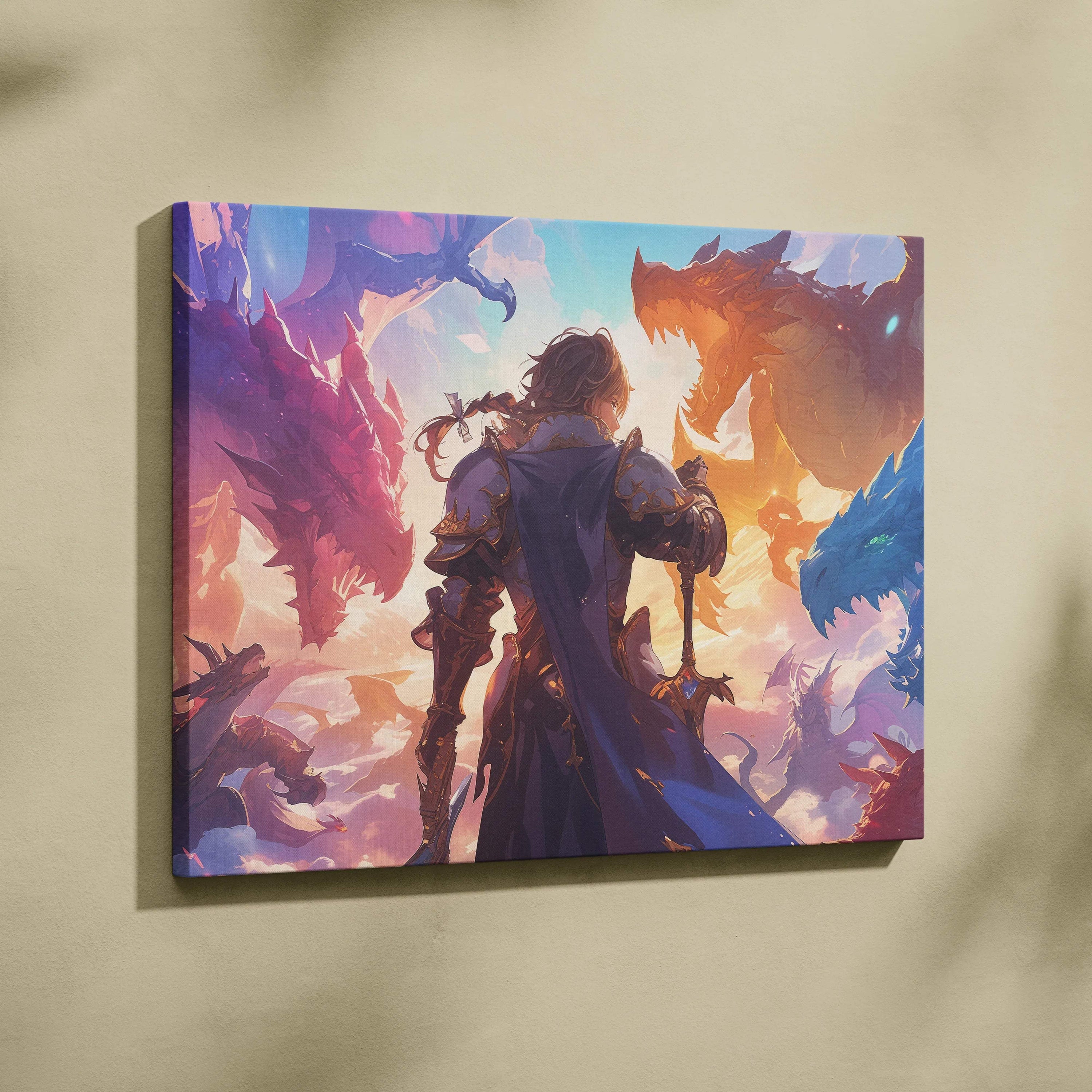 Epic fantasy lone armored hero facing fiery dragons in dramatic sunset clash canvas art