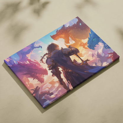 Epic fantasy lone armored hero facing fiery dragons in dramatic sunset clash canvas art