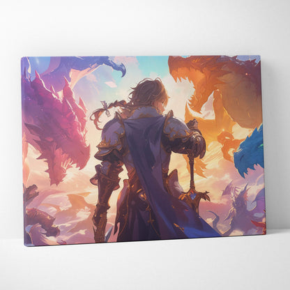 Epic fantasy knight in blue gold armor facing fiery dragons at sunset
