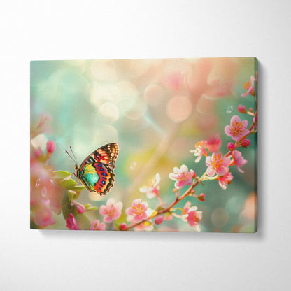 Pastel dream jewel toned butterfly on pink blossoms in soft bokeh light