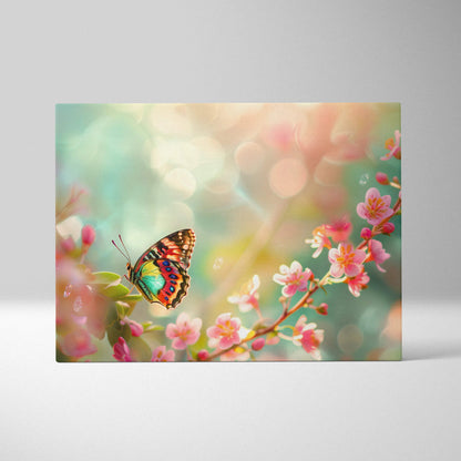Vibrant iridescent butterfly on pink blossoms in dreamy spring light bokeh