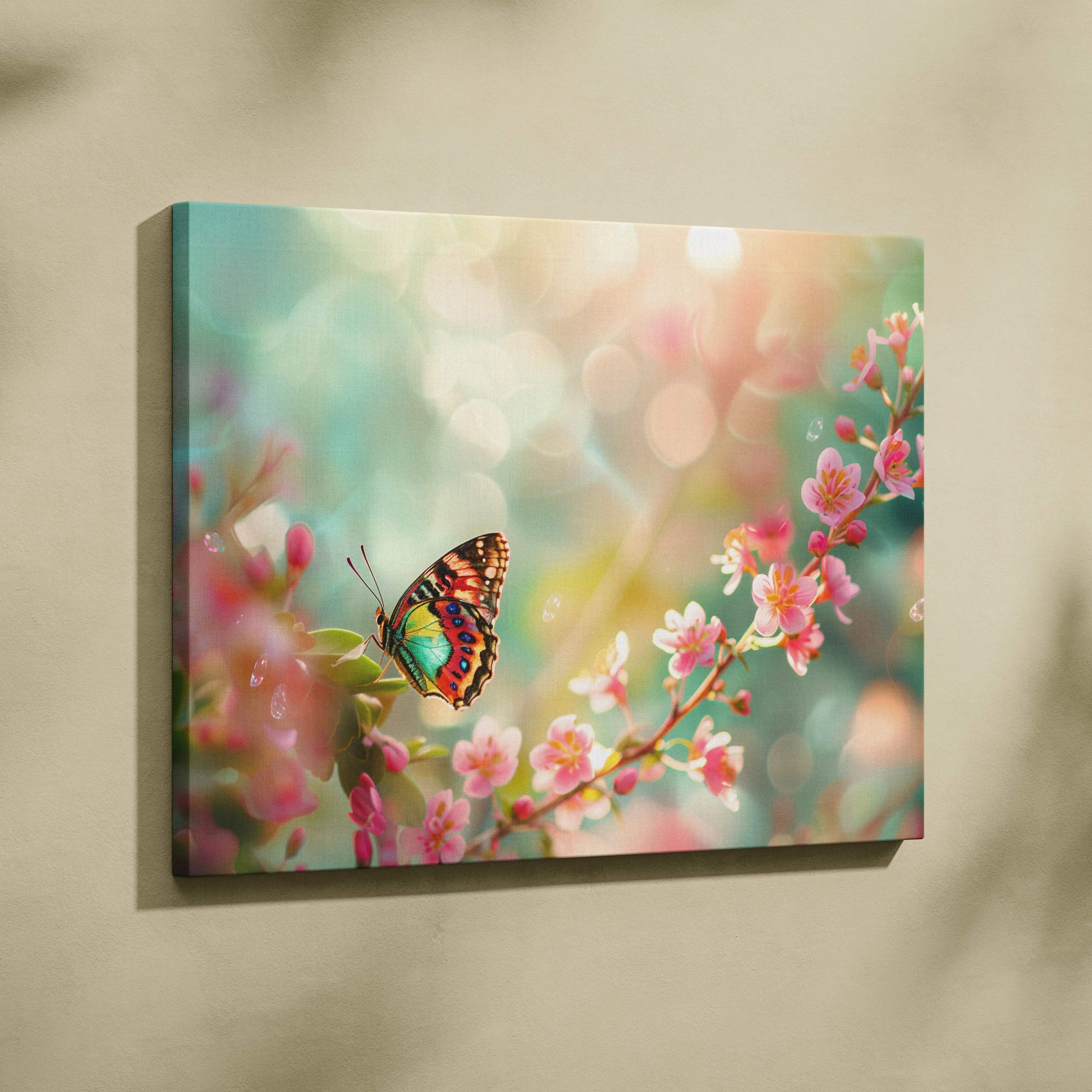 Vibrant iridescent green orange butterfly on pink blossoms pastel dream canvas wall art
