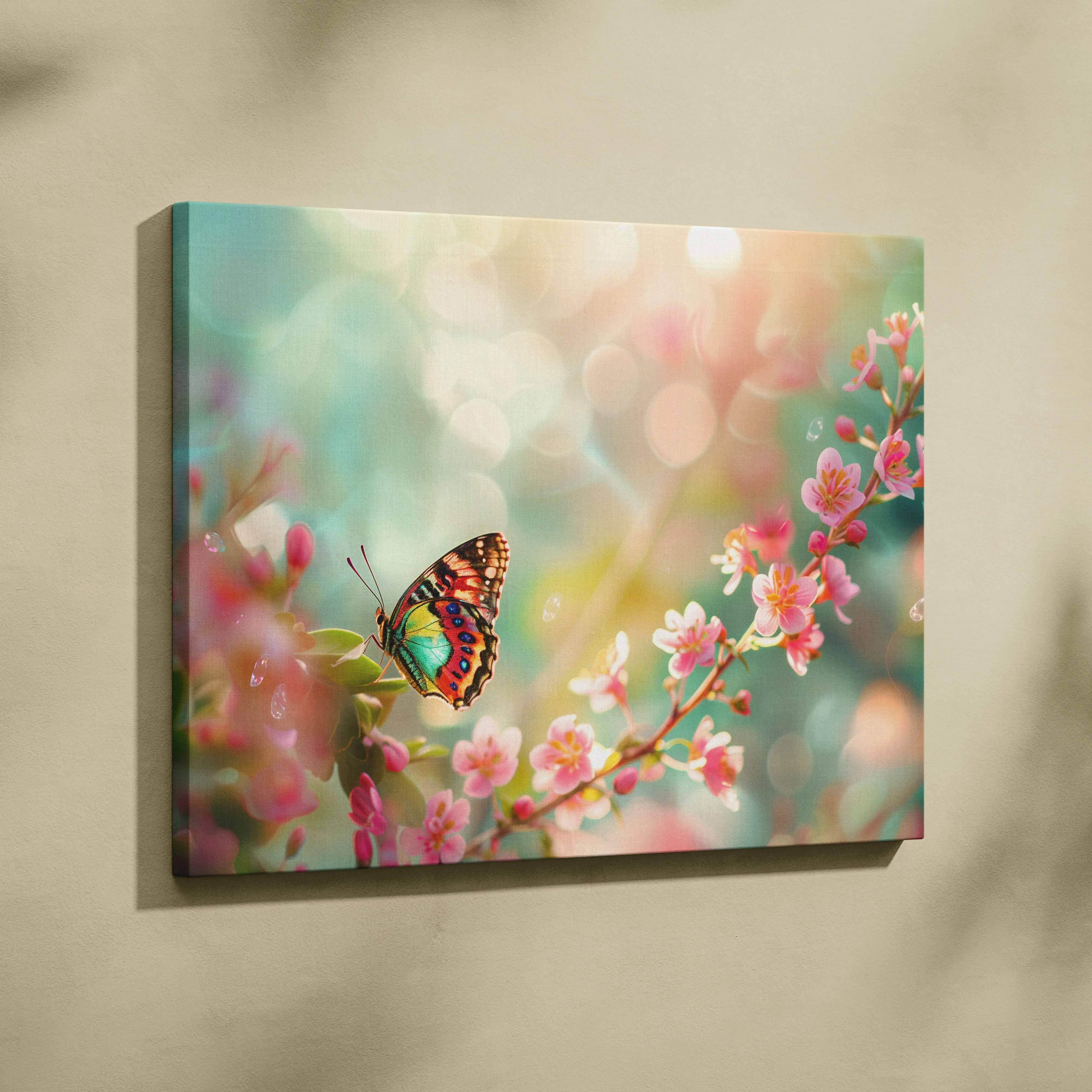 Vibrant iridescent green orange butterfly on pink blossoms pastel dream canvas wall art