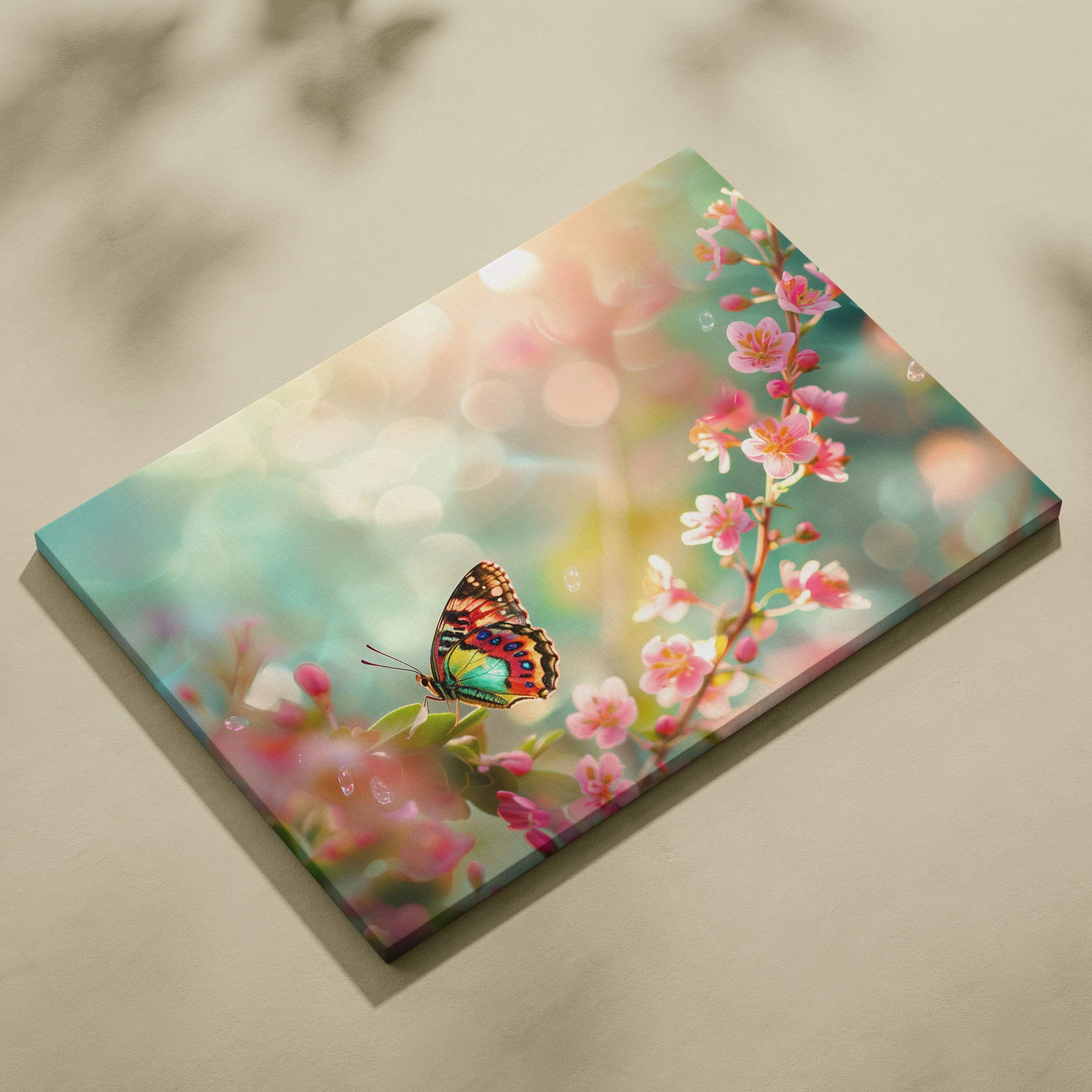 Vibrant iridescent green orange butterfly on pink blossoms in dreamy pastel bokeh canvas art