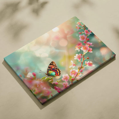 Vibrant iridescent green orange butterfly on pink blossoms in dreamy pastel bokeh canvas art