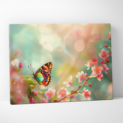 Vibrant iridescent butterfly on pink blossoms in dreamy spring light bokeh