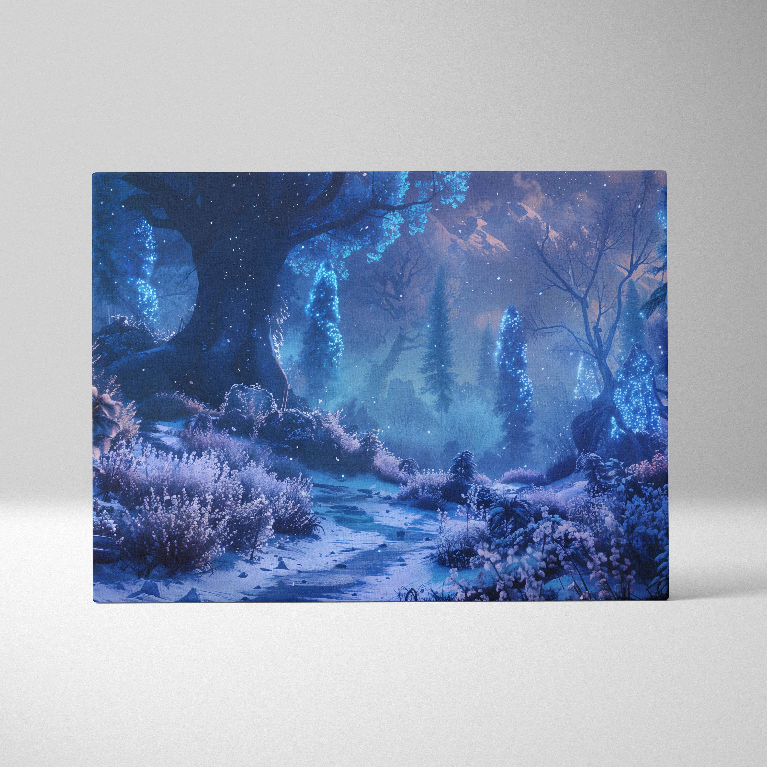 Visionary blue night forest canvas wall art with glowing trees and snowlit path