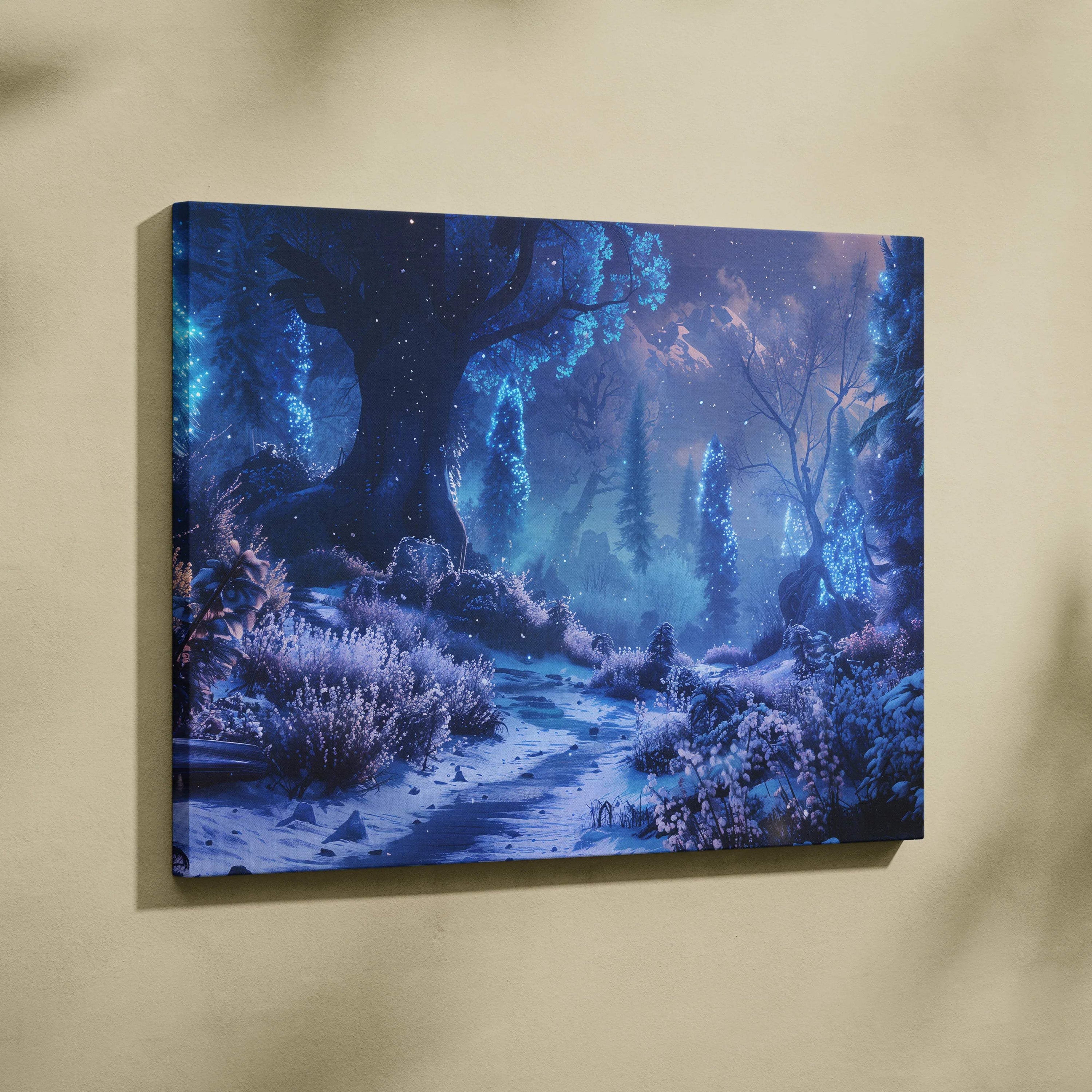 Visionary blue night forest canvas wall art with glowing trees and snowlit path