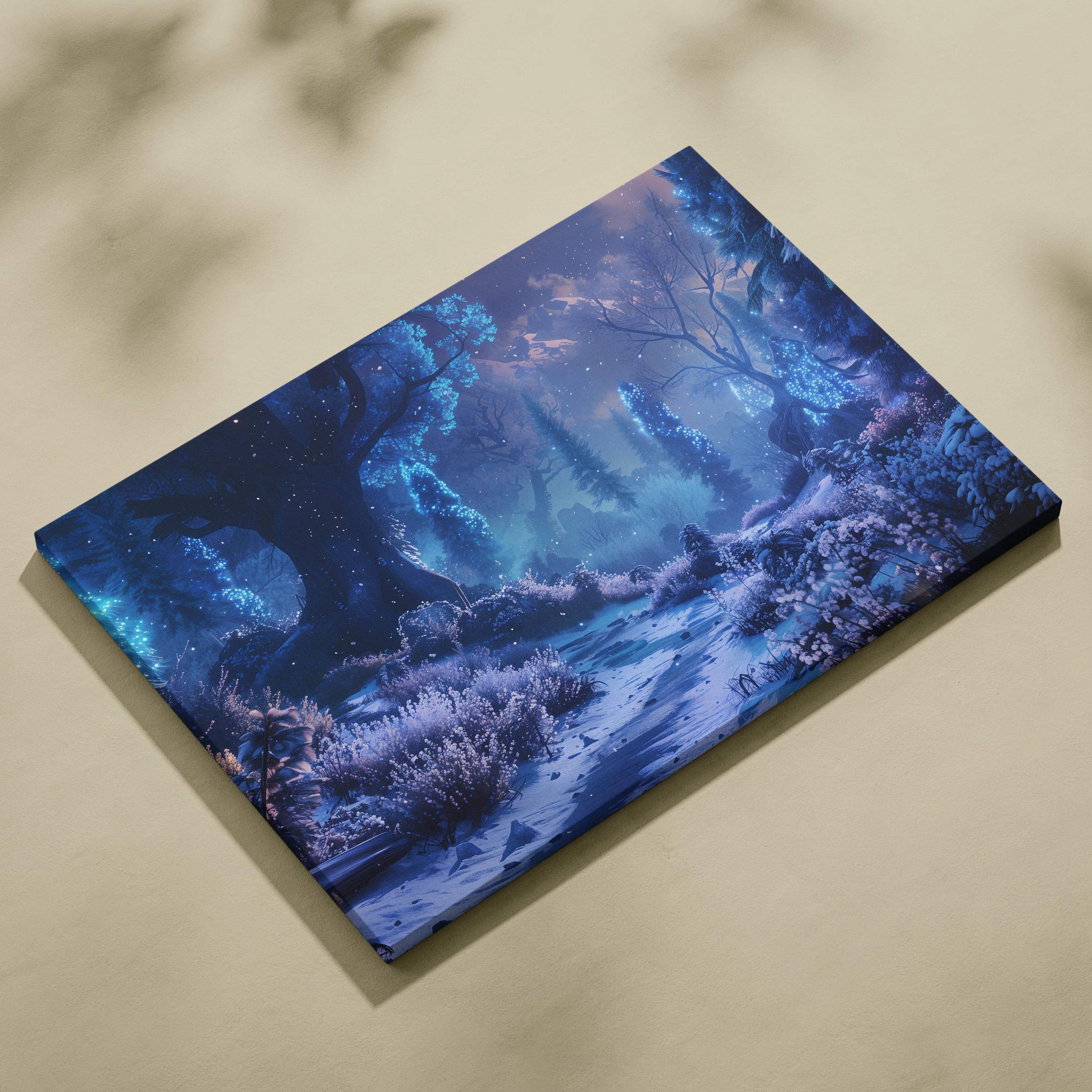 Visionary blue night forest canvas wall art with glowing trees and snowlit path