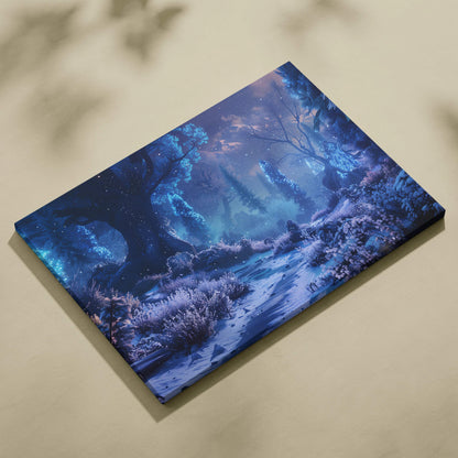 Visionary blue night forest canvas wall art with glowing trees and snowlit path