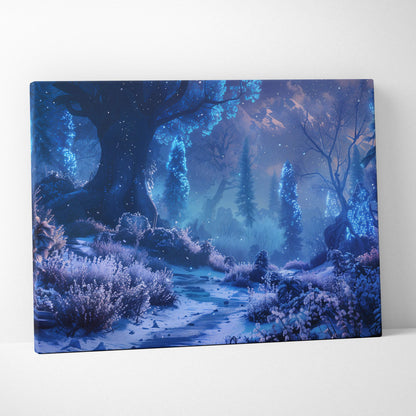 Visionary blue night forest canvas print with glowing trees and snowlit path