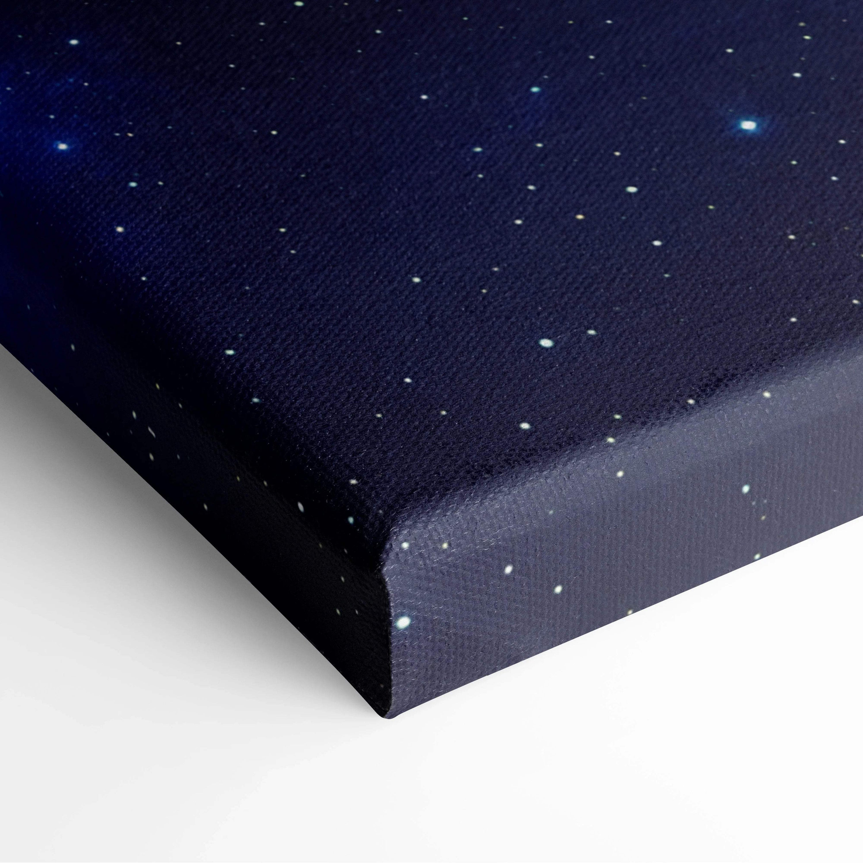 Deep navy starry night sky canvas print with blue spiral galaxy swirl