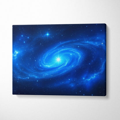 Blue spiral galaxy canvas wall art with luminous core and starry swirl