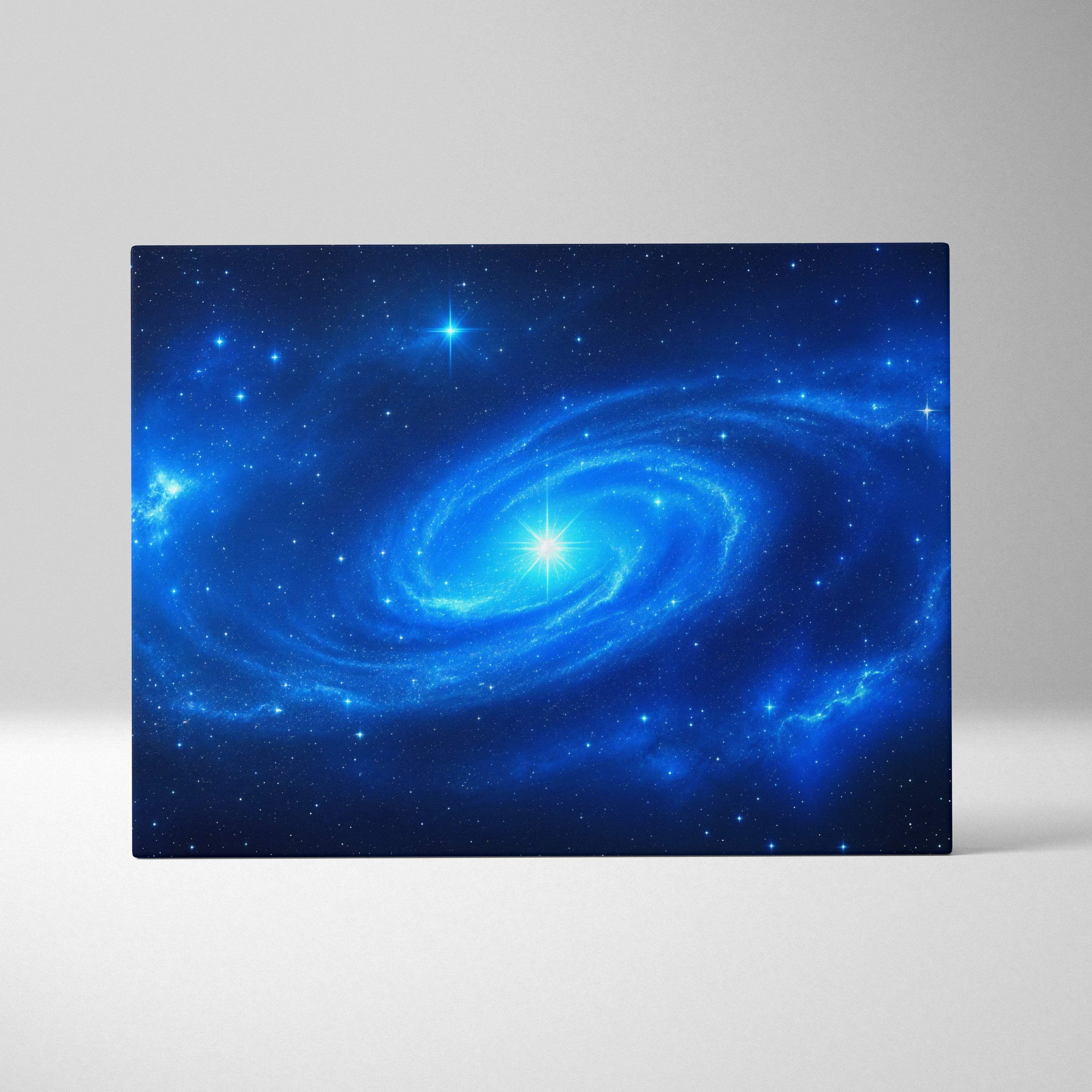 Blue spiral galaxy canvas wall art with luminous core and starry swirl