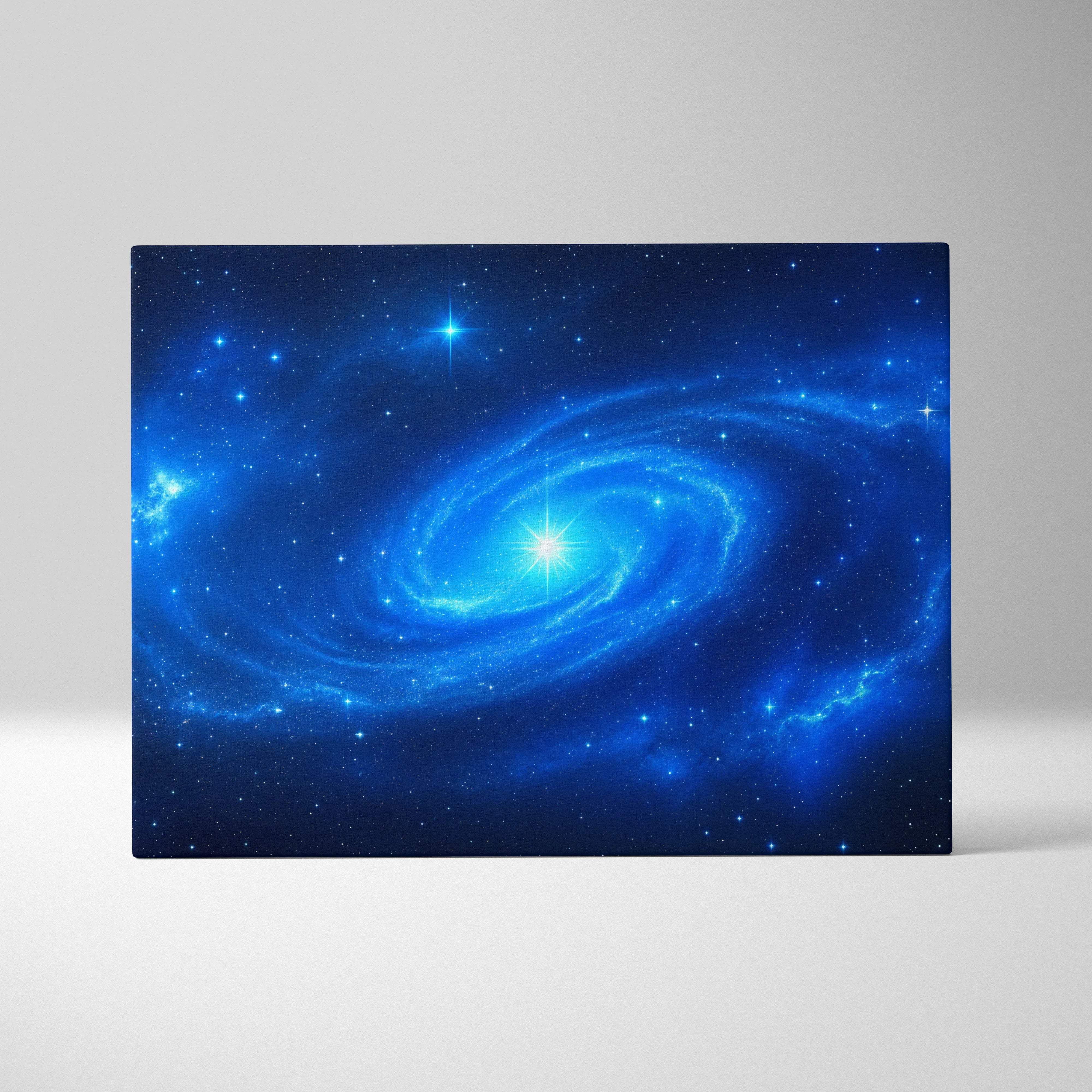 Blue spiral galaxy canvas wall art with luminous core and starry swirl