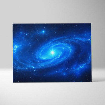 Blue spiral galaxy canvas wall art with luminous core and starry swirl