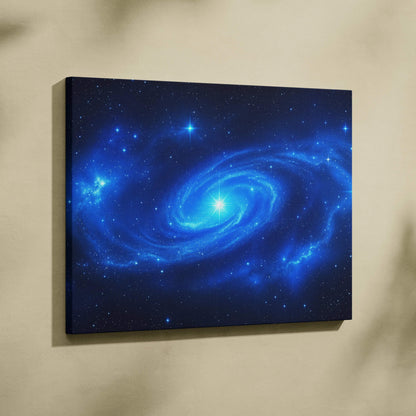 Blue spiral galaxy canvas wall art with luminous core and starry swirls