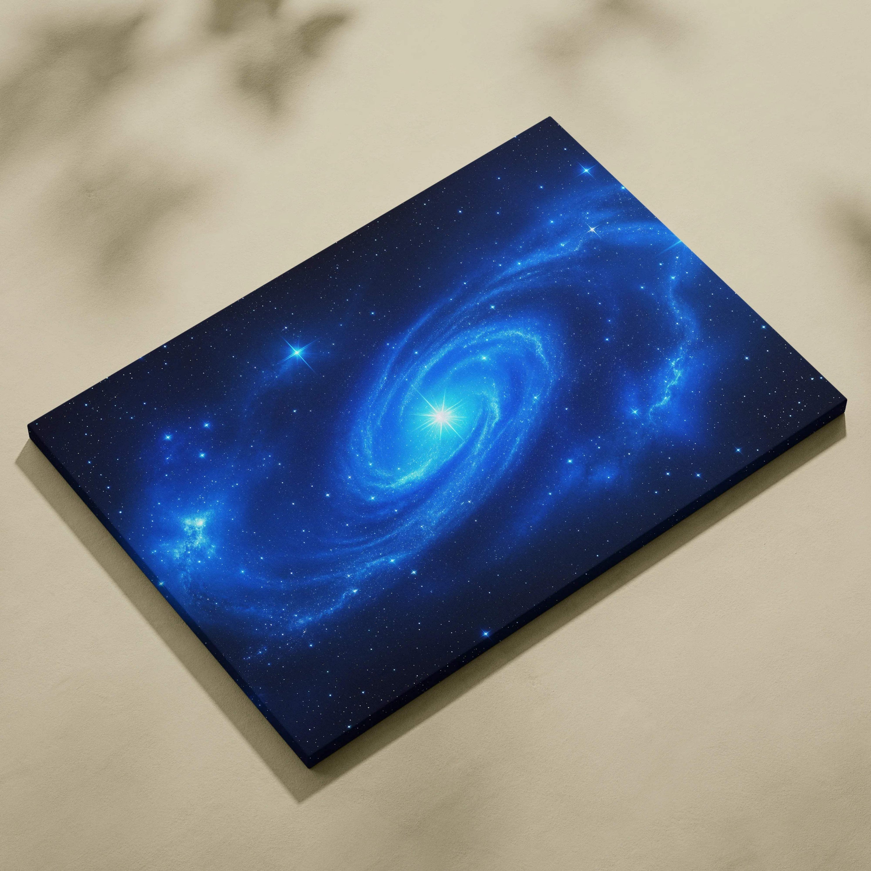 Blue spiral galaxy canvas wall art with luminous core and starry swirl